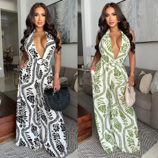 Fashionable women's casual sexy deep V-neck backless printed jumpsuit