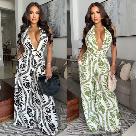 Fashionable women's casual sexy deep V-neck backless printed jumpsuit