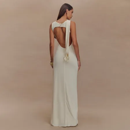 Summer round neck backless dress, fashionable sleeveless pleated slit slim fit dress