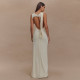 Summer round neck backless dress, fashionable sleeveless pleated slit slim fit dress