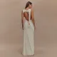 Summer round neck backless dress, fashionable sleeveless pleated slit slim fit dress