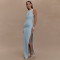 Summer round neck backless dress, fashionable sleeveless pleated slit slim fit dress