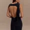 Summer round neck backless dress, fashionable sleeveless pleated slit slim fit dress