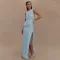 Summer round neck backless dress, fashionable sleeveless pleated slit slim fit dress