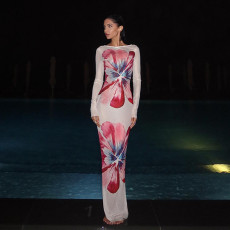 Summer New Hot Selling Mesh Printed Long Skirt Fashionable and Sexy Long Sleeve Hip Wrapped Dress for Women