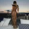 Summer new leopard print dress sexy perspective slanted shoulder single sleeve slim fit spicy girl long skirt
