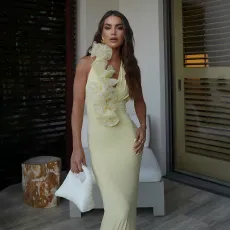 Summer style hanging neck deep V-long skirt cross-border fashion sexy exposed backpack hip dress