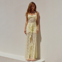 Temperament Hanging Neck Lace Long Dress Fashionable and Sexy Sleeveless Bareback Slimming Dress for Women