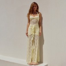 Temperament Hanging Neck Lace Long Dress Fashionable and Sexy Sleeveless Bareback Slimming Dress for Women