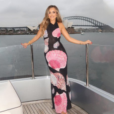 French dress, sexy and elegant, hanging neck print, slim fit vacation long dress