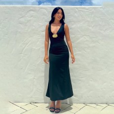 Spring and summer fashion temperament solid color dress cross-border hot selling sexy V-neck bag hip long skirt