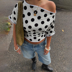 Hot selling women's polka dot top, elegant sloping shoulder short sleeved slim fit waist T-shirt from Europe and America