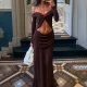 Twisted one shoulder chiffon long dress cross-border sexy exposed navel pleated dress