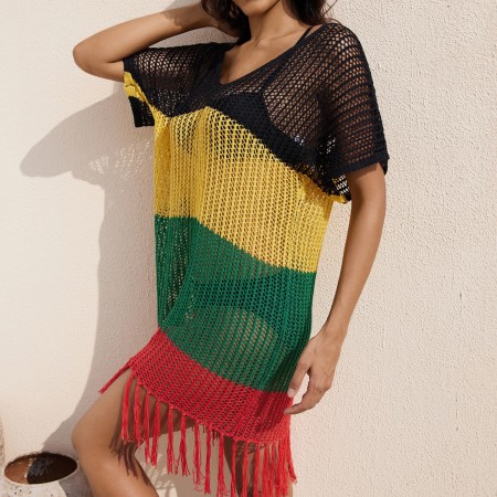Knitted wide striped tassel cover for vacation and leisure beach bikini outerwear