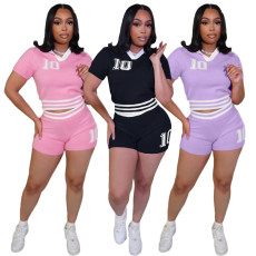 Fashionable and casual summer collar contrasting knitted shorts short sleeved set