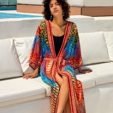 Cotton printed zip tie cardigan for vacation, leisure beach, bikini cover, 3 colors