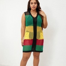 Knitted wide color striped pocket cover for vacation and leisure beach bikini outerwear