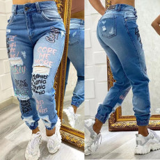 Fashion letters cut through Ma Liu small leg jeans Amazon independent station international station cash payment