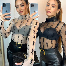 Sexy Perspective High Neck Long Sleeve Plush High Quality Top T-shirt