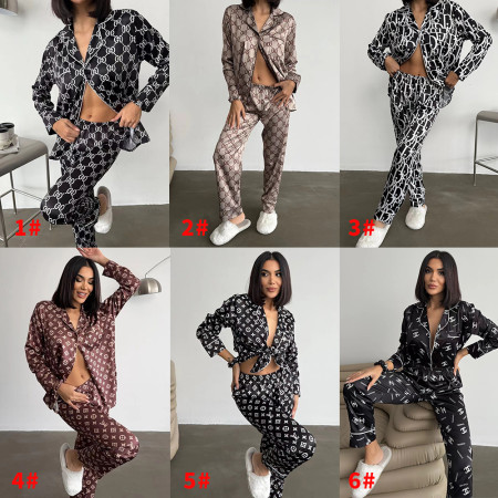 Cross border minimalist ice silk sleepwear two-piece set, long pants, long sleeves, home wear (including headband)