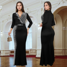 Fashionable women's elegant diamond studded mid sleeve V-neck dress