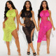 Fashionable round neck sexy see through hollow out dress with bikini inside