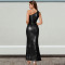 Fashion women's temperament pearl piece slanted shoulder slit fish tail dress