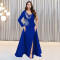 Advanced rhinestone sexy V-neck long dress with a cinched waist and slit, new product for women