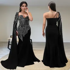 Hot stamping long dress with black fish tail shawl and long sleeves for women