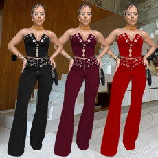 Fashionable women's sexy strapless chicken eye metal buckle pants set