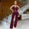 Fashionable women's sexy strapless chicken eye metal buckle pants set