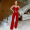 Fashionable women's sexy strapless chicken eye metal buckle pants set