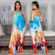 Fashionable digital printed strapless top paired with long pants, flannel pleated splicing straight tribute two-piece set