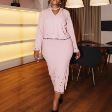 Elegant V-neck rhinestone slim fit long sleeved skirt with hips wrapped and split back, two-piece set