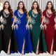 Advanced rhinestone sexy V-neck long dress with a cinched waist and slit, new product for women