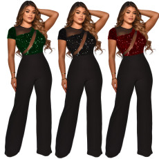 Women's irregular sequined patchwork wide leg pants, short sleeved jumpsuit