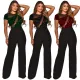 Women's irregular sequined patchwork wide leg pants, short sleeved jumpsuit
