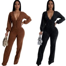 Personalized line splicing V-neck long sleeved sports and fitness jumpsuit