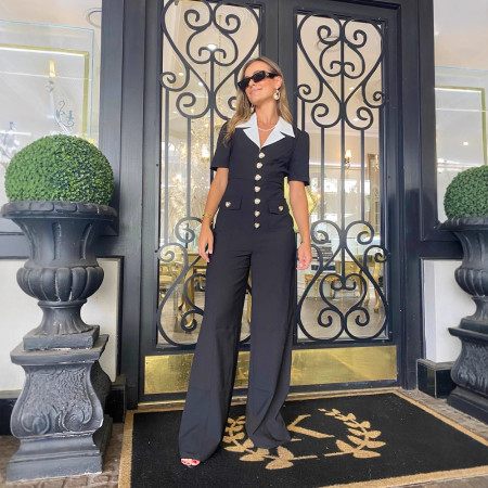 Personalized black suit short sleeved casual wide leg jumpsuit