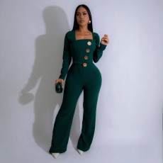 Personalized line splicing large button long sleeved sports and fitness jumpsuit