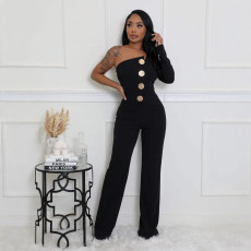 Women's personalized line splicing large button single shoulder sports and fitness jumpsuit