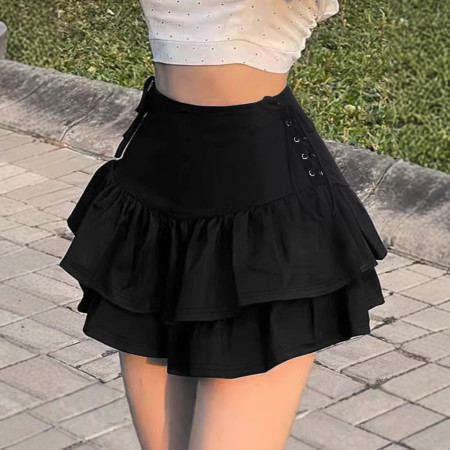 Women's fashionable and elegant ruffled high waisted drawstring A-line version slimming short skirt