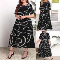 Women's fashion casual irregular striped printed round neck short sleeved plus size dress