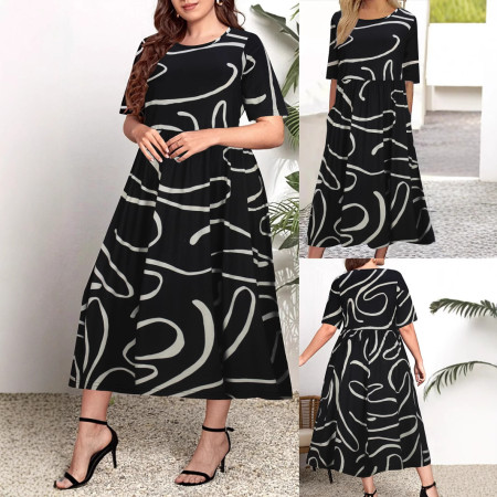 Women's fashion casual irregular striped printed round neck short sleeved plus size dress