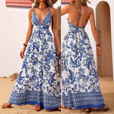 Women's fashionable and elegant deep V-neck cross back long printed dress