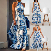 Women's fashionable and elegant hanging neck sleeveless A-line silhouette slimming long dress