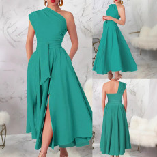 Women's fashionable and elegant slanted shoulder hem slit solid color long dress with belt