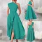 Women's fashionable and elegant slanted shoulder hem slit solid color long dress with belt