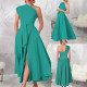 Women's fashionable and elegant slanted shoulder hem slit solid color long dress with belt