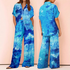 Women's fashionable and elegant V-neck short sleeved straight leg pants shirt two sets